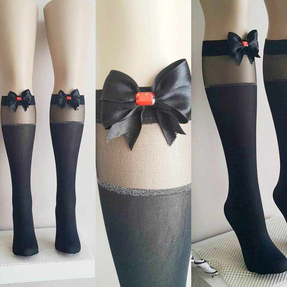 GOTH Black Beautiful Embellished Stockings With satin bow red