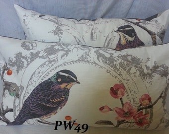 Birdland Opal or Cream- Decorative Lumbar Pillow Cover with Linen Blend Fabric From UK / 14 x 26 Lumbar