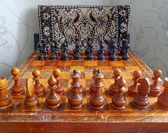 Antique large soviet chess set, vintage USSR big wooden retro russian chess