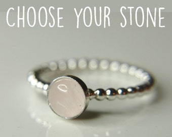 Rose quartz dotted stacking ring, Dainty thin band with lovely gemstone - beading wire ring available with many stones