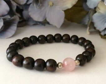 Ebony Wood Rose Quartz Bracelet, Beaded Bracelet, Yoga Healing Meditation Zen Bracelet, Mala Beads, Women's Bracelet, Bracelets for Women