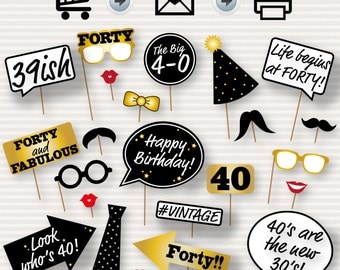 40th Birthday Party Printable Photo Booth Props - Glasses, Hats, Ties, Lips, Mustaches, Speech - INSTANT DOWNLOAD - Printable Birthday Props