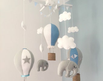 Baby Mobile / Hot Air Balloon Mobile / Crib Mobile / Felt Mobile / Elephant Wooden Mobile / Clouds Mobile / Nursery Mobile / Blue and White