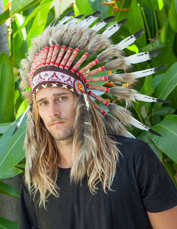 USA Seller - Free shipping! Indian Headdress - Native American Headdress - Indian Costume - Black & white feathers