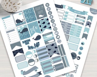 Blue Whale Planner Stickers for Erin Condren Life Planner, Weekly Stickers Kit, Printable Planner Stickers, Whale Stickers Kit