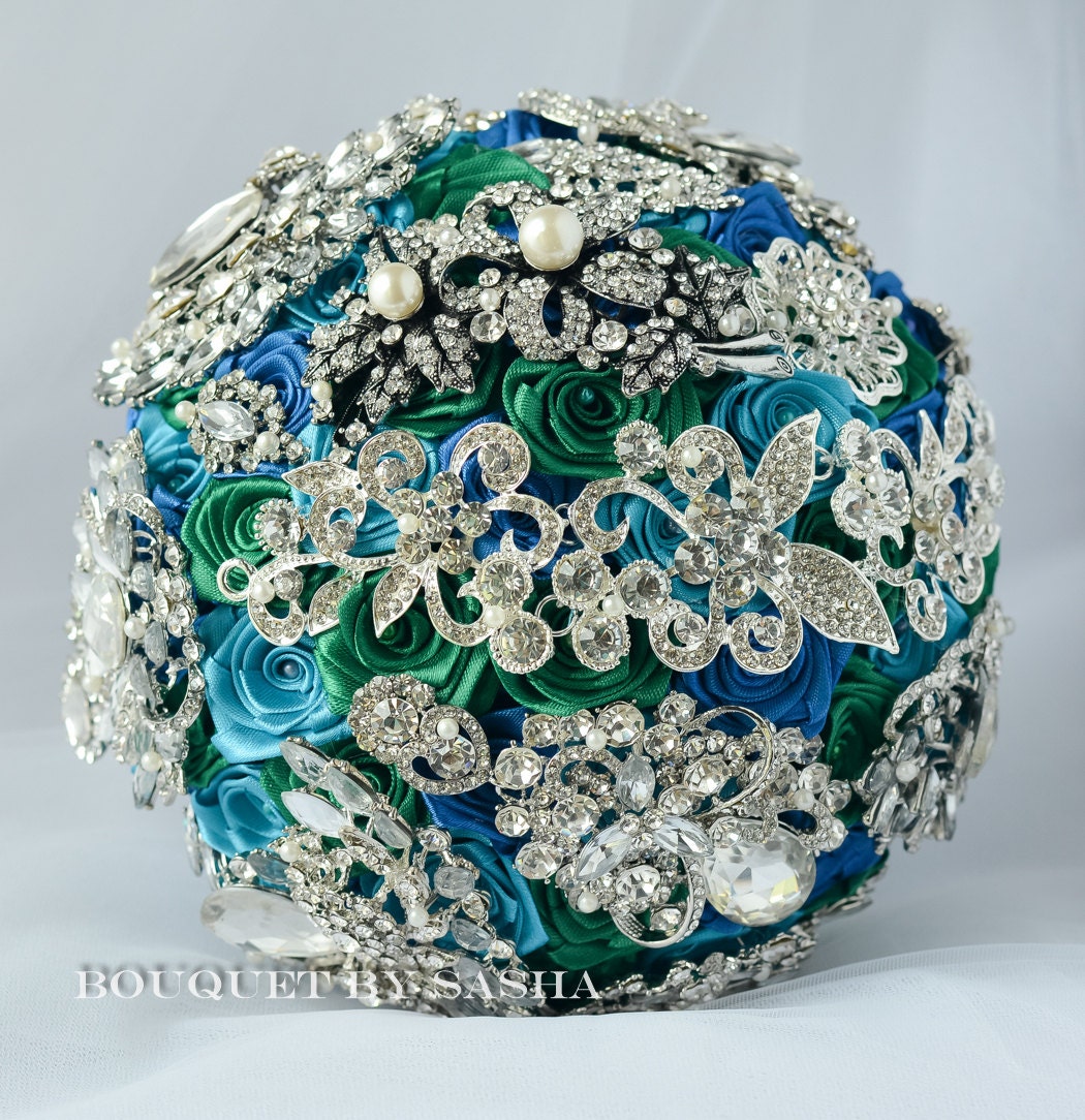 Royal Blue turquoise and Emerald bouquet Peacock wedding