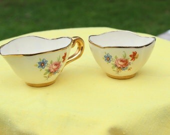 Mid Century Leneige Porcelain Cream & Sugar Demitasse Size with Gold Accents