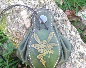 Leather pouch , fairy design,colour "vert anis/green"(16 colour to choose) , 2 sizes available