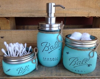 Painted Mason Jars. Bathroom Decor. Home Decor. Beach Bathroom Decor. Bathroom Set. Rustic Decor. Shabby Chic. Wedding/House Warming Gift.