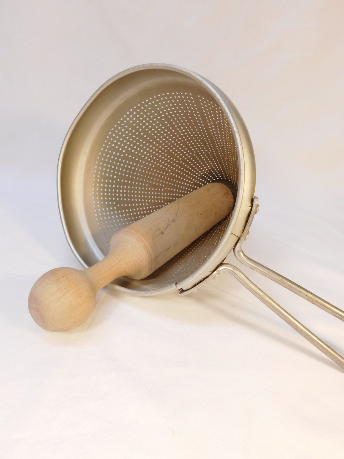 Vintage Colander Strainer and Wood Pestle Canning Sieve