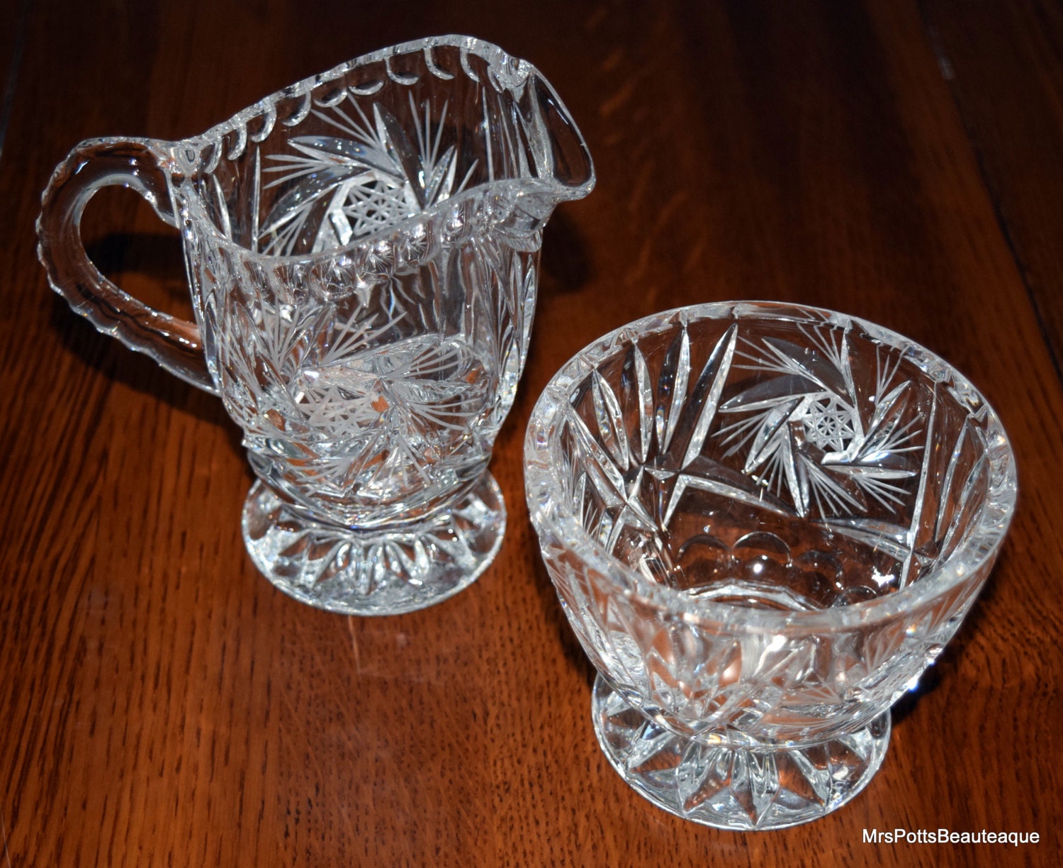 Classic & Elegant Cut Crystal Sugar Bowl and Creamer c 1960