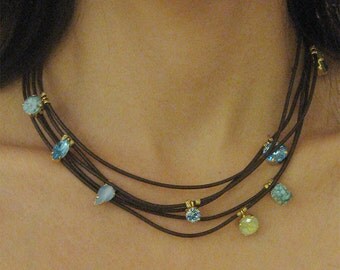 Turquoise Necklace Leather Everyday necklace Boho Leather Necklace leather necklace for women Crystal Necklace Trendy Gift layered necklace