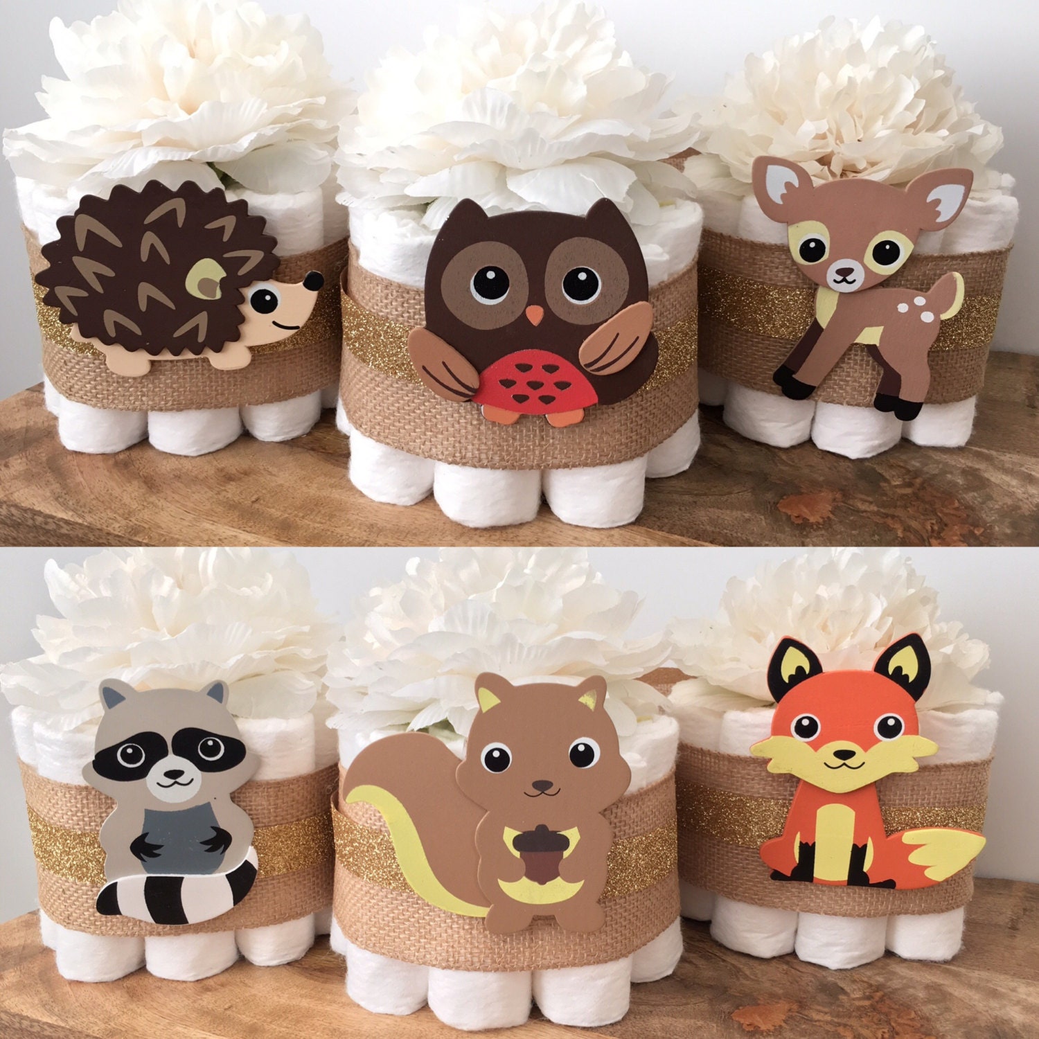 Set of 3 Rustic Woodland Mini Diaper Cakes for by BuzzyDiaperCakes