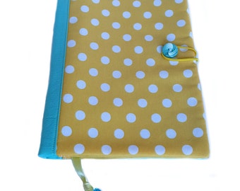 Fabric book cover, cotton book cover, yellow polka dots fabric, book cover, soft book cover, mint green fabric, fabric journal cover,