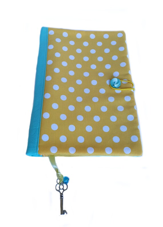 Fabric book cover, cotton book cover, yellow polka dots fabric, book cover, soft book cover, mint green fabric, fabric journal cover,