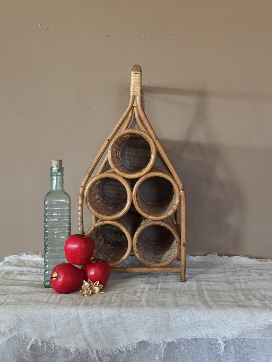 Vintage Wood Wine Rack / Wicker and Wood Wine Rack