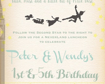 Printable-Birthday-Boy-Girl-Invitation-Peter Pan-Tinkerbell-Neverland-Wendy-Pixie-Pixie Dust-Pirate-Flying-Party-Custom-Stars-Vintage feel