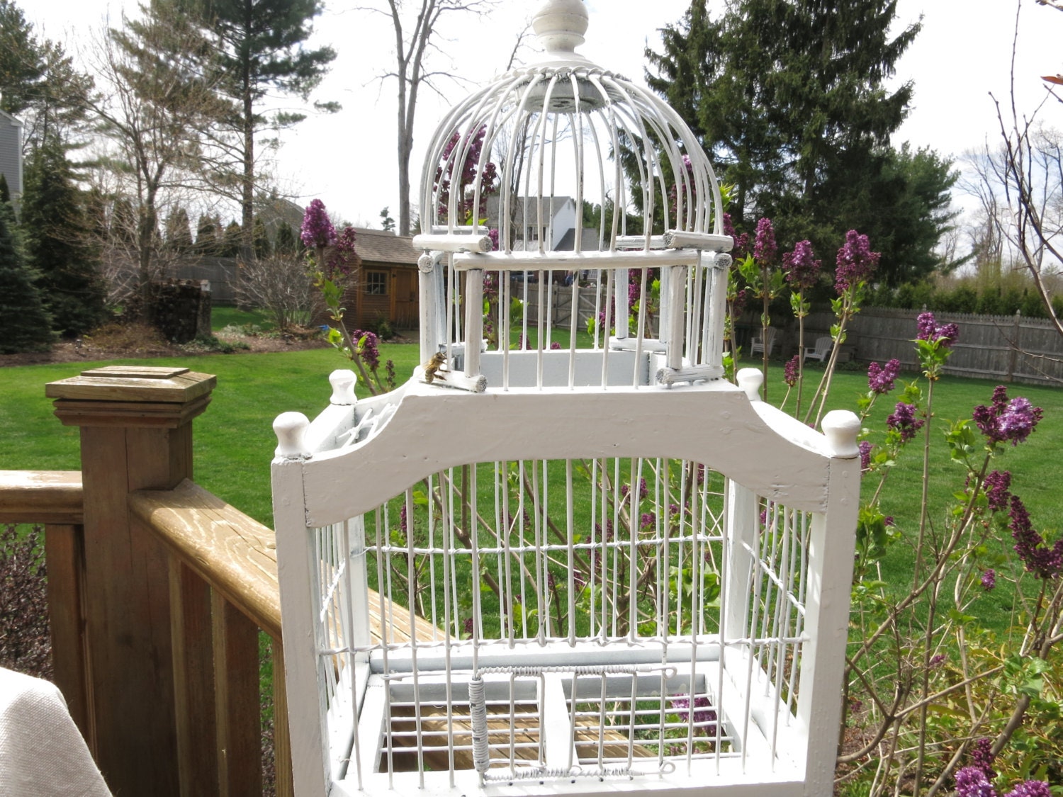 Vintage White Bird Cage Wood and Wire Bird Cage Shabby Cottage