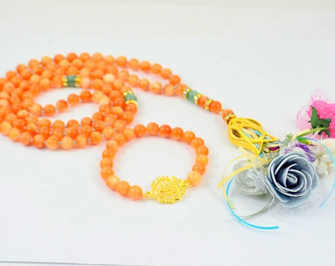 flower pendant muslim rosary necklace, orange masbaha, islamic rosary, islamic gemstone subhah, muslim monks beads, rosary bracelet set,