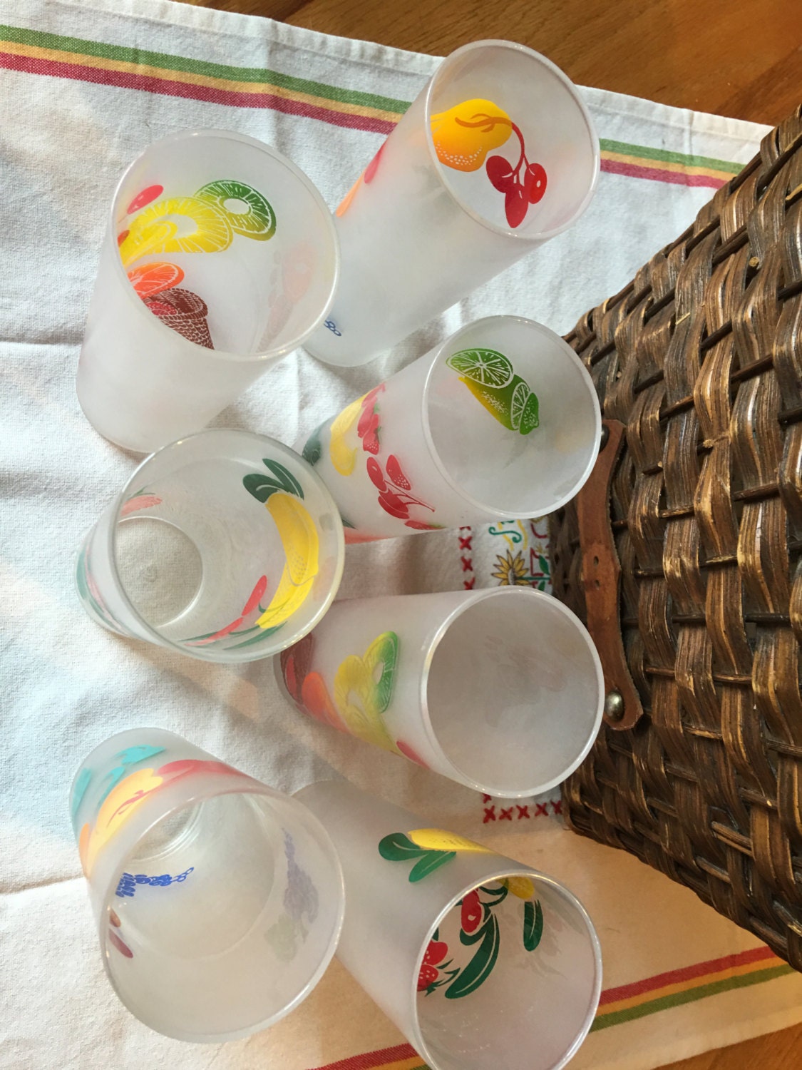 Vintage Federal Glassware Frosted Fruit Pattern Set of 7