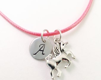 Unicorn necklace, girls charm necklace, unicorn charm, fantasy necklace, mystical charm, pink cord necklace, unicorn charm,