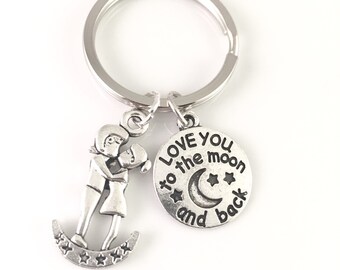 I Love You to The Moon and Back Keychain, Love Mesage Keychain, Silver Moon Keychain, Christmas Gift, Best Friends Jewelry, Moon Lover Gift