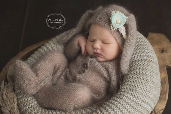 Newborn Knit Bunny Pajamas - Newborn Footed Jammies with hood or bonnet - Newborn Mohair Knit Pajamas - Newborn Photo Prop