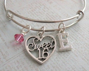 Sweet 16 Charm Bracelet, Expandable Bangle, Personalized, Gift, Initial Charm, Sweet Sixteen Bracelet, Sweet 16 Gift, Sweet 16 Birthday