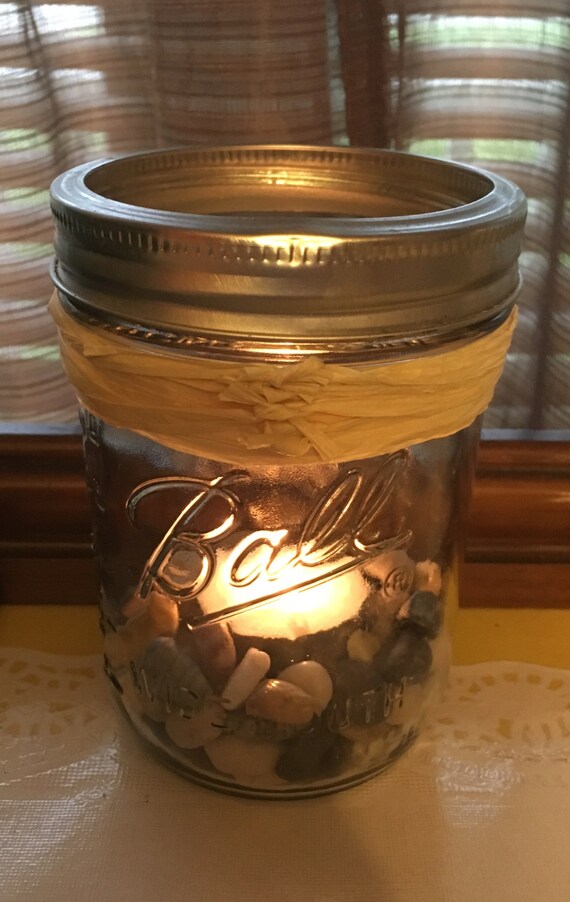 Natural River Rock Ball Mason Jar luminary with by BombPopBoutique