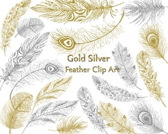 Gold Siver Feather clipart: "FEATHER CLIP ART" Glitter Feathers Printable feathers Invitation clipart Wedding invites Diy clipart hand drawn