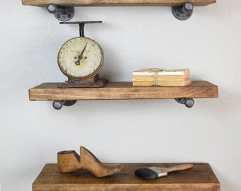 3 each - Industrial 8" Depth Floating Shelves combo with pipe brackets. Kitchen Bath and Study Farmhouse Pipe wood shelf, Wall shelf