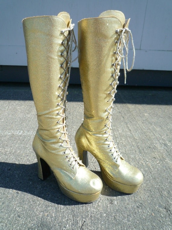 70's Gold Glitter Platform Boots Very Disco by FantasyWorldYork