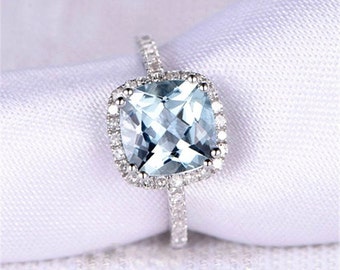 Cushion Aquamarine Ring, Halo Engagement Ring, Halo Ring, Aquamarine Engagement Ring, White Gold Ring, White Gold, Aquamarine Ring