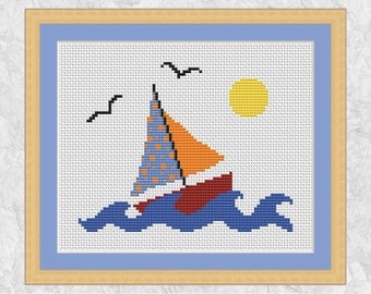 Boat cross stitch pattern, sailing counted cross stitch, sailboat, yacht, sea, lake, sun spring summer, easy, simple, printable chart, PDF