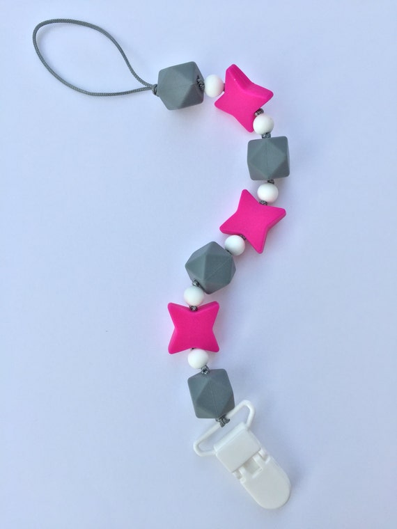 Items similar to Silicone Pacifier Clip Hot Pink Gray Silicone Chew