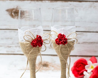 Wedding Toasting Glasses Rustic Champagne Glasses Flutes Toasting burlap Red Rose Glasses Rustic Wedding Champagne Flutes