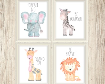 Safari Nursery Art Animal Paintings Baby Animal Prints Animal Watercolor Childrens Wall Decor Kids Room Elephant Giraffe Zebra Lion Set of 4