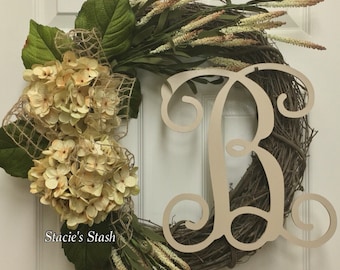 Neutral Wreath, All Year Wreath, Monogram Wreath, Initial Wreath, Front Door Wreath