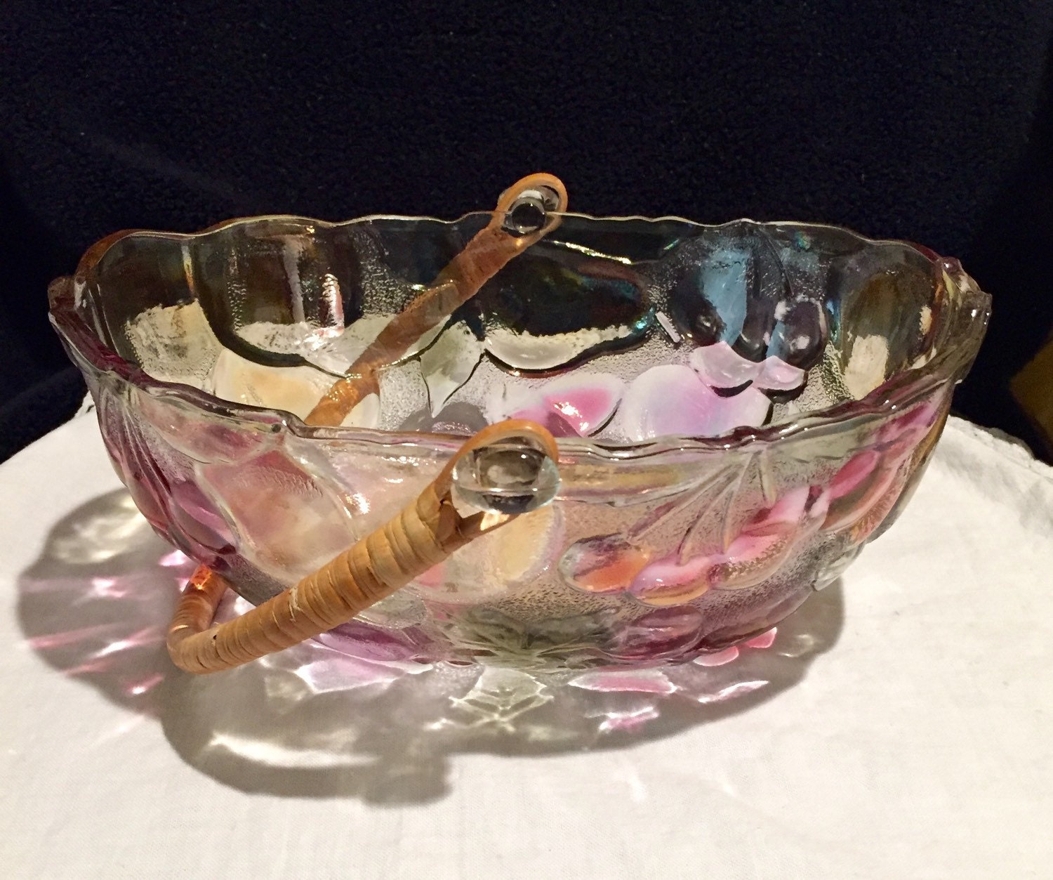 Beautiful Colored Glass Fruit Basket/Bowl w/Removable Wicker