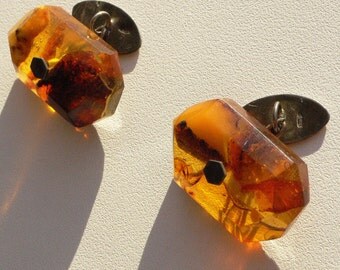 Soviet Cufflinks from baltic amber and silver 875. USSR retro vintage jewelry.
