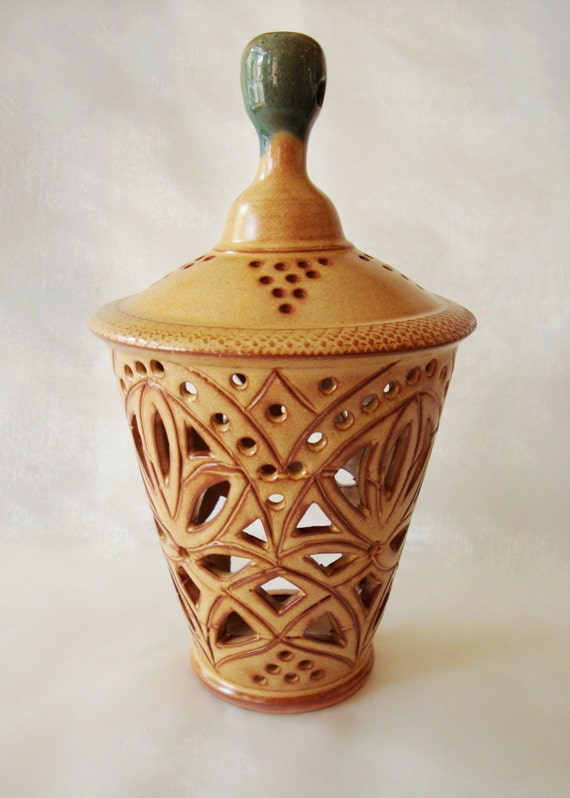 Handcarved Pottery Lantern Vase in Natural Color Finish for