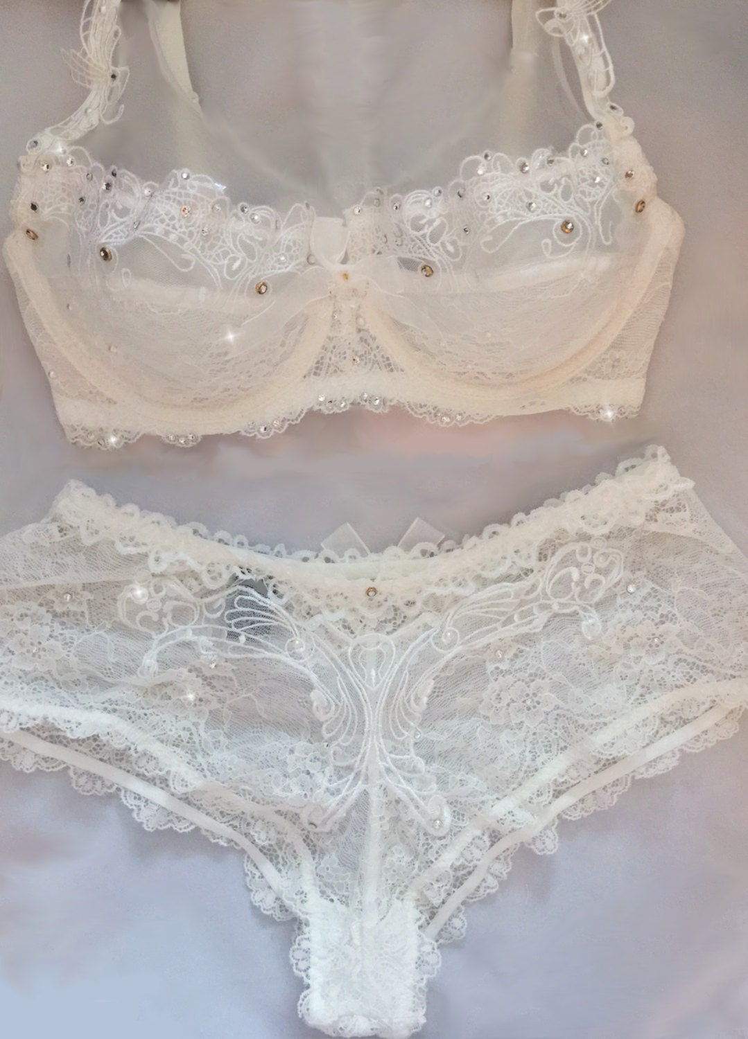 White Lace Bridal Swarovski Crystal Bra and Panties Set 34C