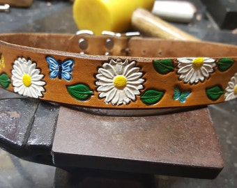 Leather Dog Collar, Daisy's, butterflies, Flowers. custom made, hand crafted, personalized,