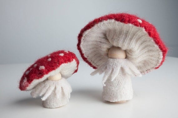 Mushroom People, Mother and Baby Wool Peg Doll Waldorf Toys, Amanita Muscaria, Toadstools