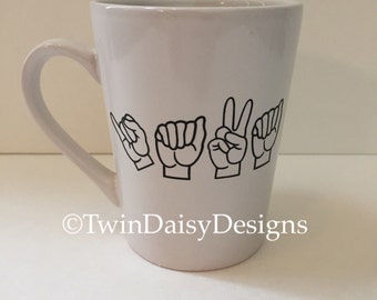 Java in American Sign Language (ASL) Coffee Mug, Coffee mug saying the word JAVA in ASL