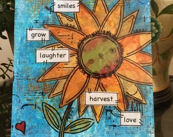 Original mixed media, sunflower art, folk art, home decor, whimsical art, gifts for home