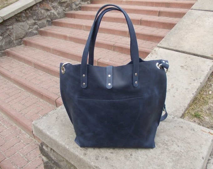 Leather shopper bag Leather Tote bag Leather Handbag Large tote bag Navy Blue leather tote Tote bag with pockets Gift for her Gift for woman