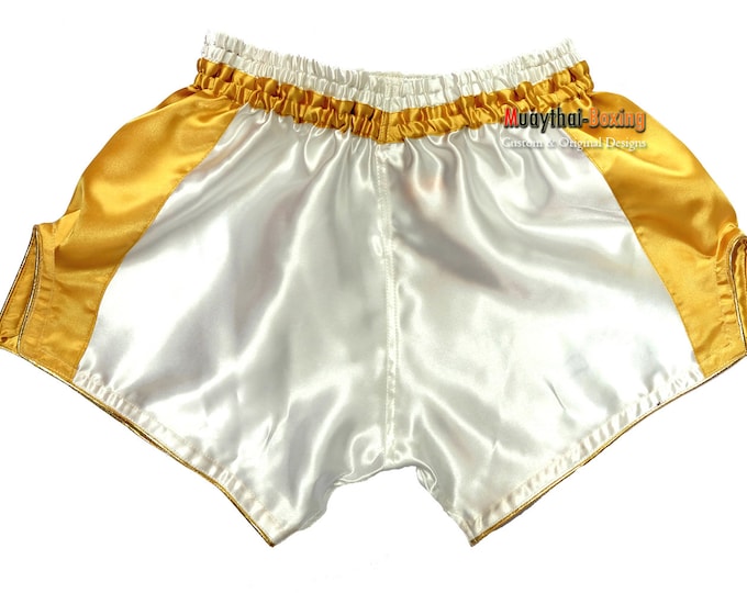 Katemanee Muay Thai Boxing Shorts Low-Waist Fit Retro Style - WHITE/GOLD