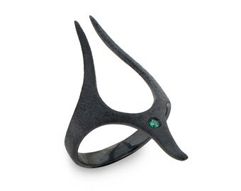ANUBIS Black Silver Ring, Emerald Ring, Egyptian Jewelry, Edgy Alternative Engagement Ring, Unique Mens Ring, Black Ring