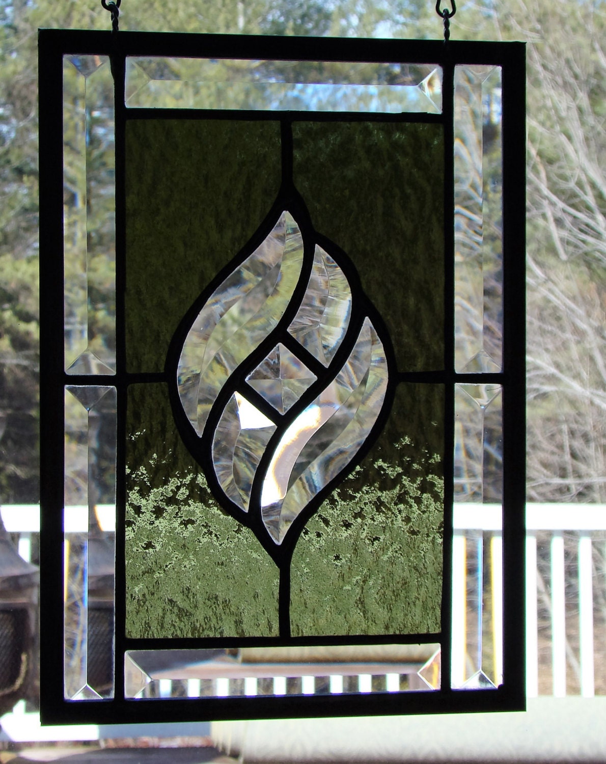 Stained Glass Panel with Bevels and Green by TeresasGlassStudio